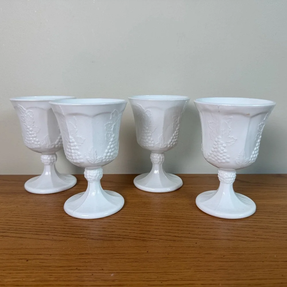 Vintage Westmoreland Milk Glass Harvest Grape Water Goblets Set of 4 White